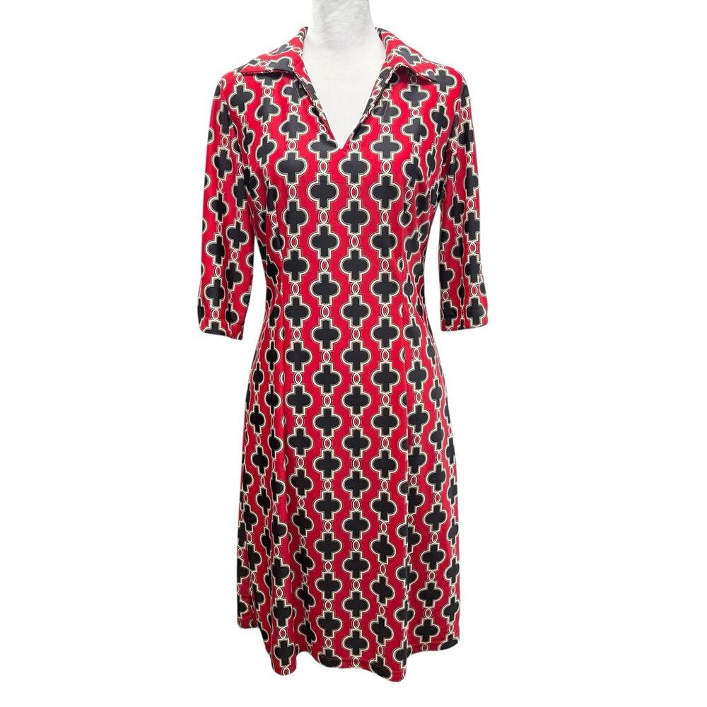 Jude Connally Shift Dress Size M Quatrefoil Print Stretch Collared Nylon Stretch